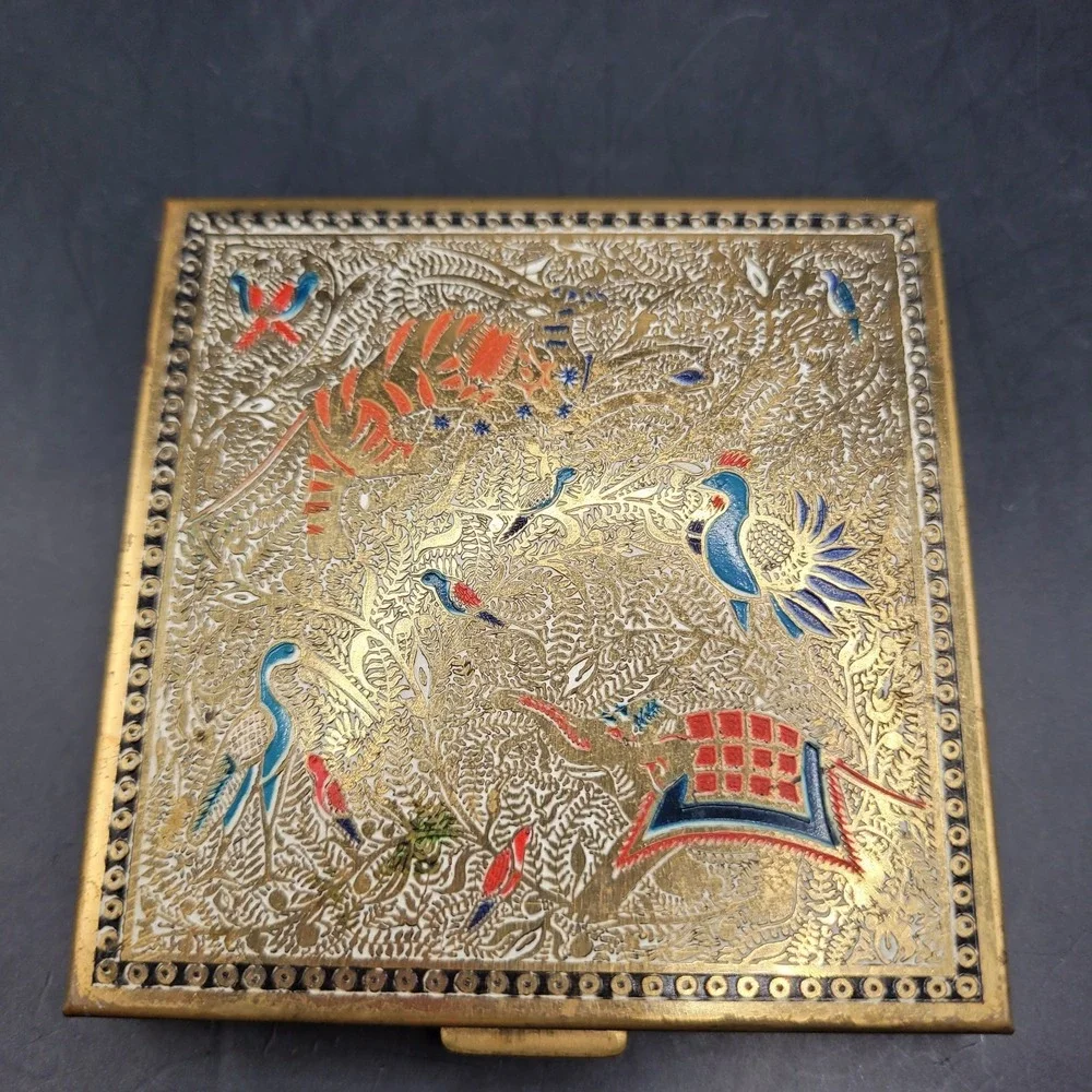 Vtg Volupte Compact Persian Brass Tiger Crane Phoenix Birds Enamel Deco Retro